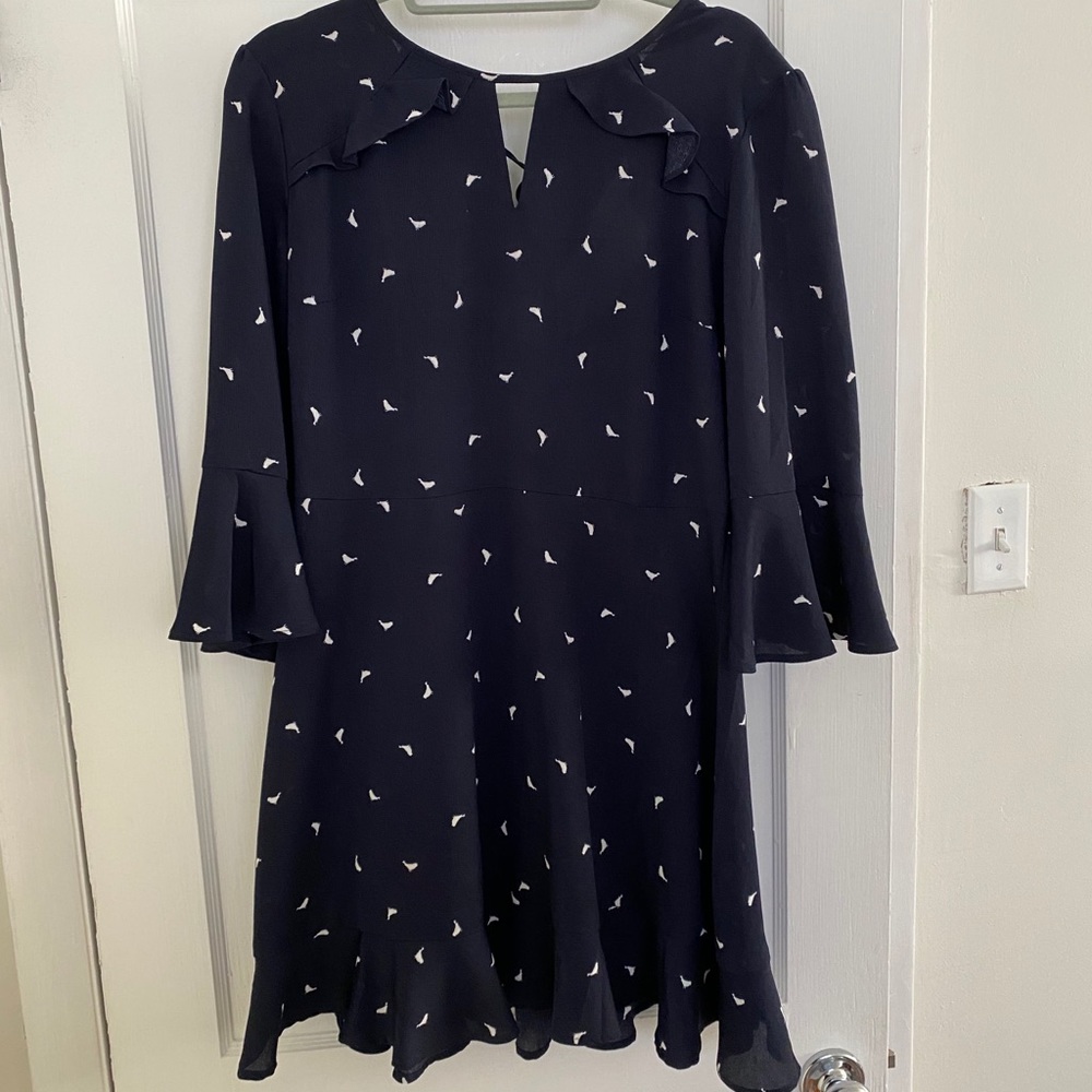 Ruffle navy dove print dress